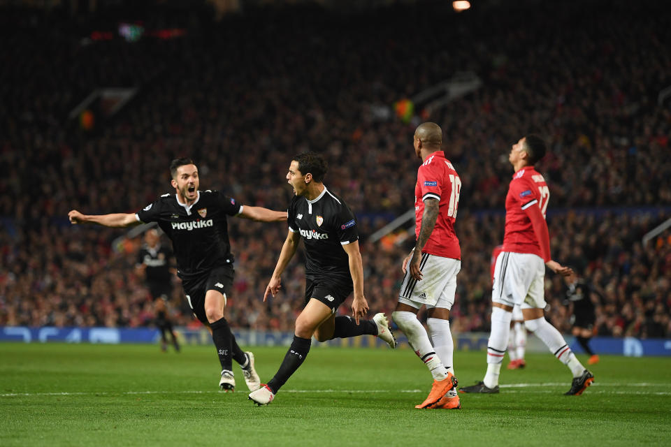 Ben Yedder celebrates his famous goals at Old Trafford on Tuesday night.