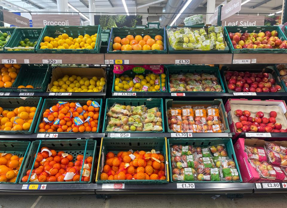 inflation BRISTOL, UNITED KINGDOM - DECEMBER 03: Fruit and vegetables are offered for sale inside a branch of the supermarket retailer Sainsbury's on December 03, 2022 in Bristol, England. The UK is currently facing a cost of living crisis, as inflation hits a near-30-year high, the war in Ukraine puts pressure on food prices and rising energy bills squeeze household incomes still further. To add to the misery, many UK households face a further rises in home energy prices as energy price caps are raised.The British retailer, founded in 1869, is one of the largest market leaders of groceries in the UK. (Photo by Matt Cardy/Getty Images)