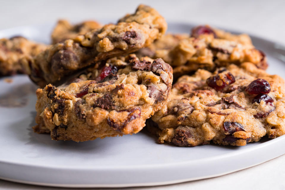 Dark chocolate chip cookies with raisins.