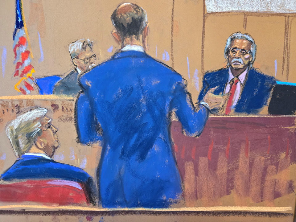 David Pecker is cross examined by Trump lawyer Emil Bove as Judge Juan Merchan and the former president look on in this courtroom sketch.