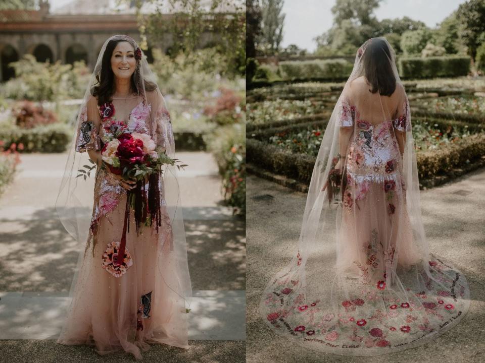 A front and back shot of a bride in a pink, floral wedding dress.
