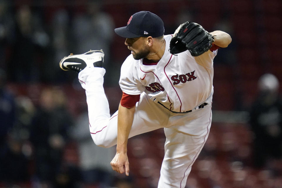 Boston Red Sox relief pitcher Matt Barnes delivers during the ninth inning of a baseball game against the Detroit Tigers at Fenway Park, Tuesday, May 4, 2021, in Boston. Barnes earned a save in the Red Sox 11-7 win. (AP Photo/Charles Krupa)