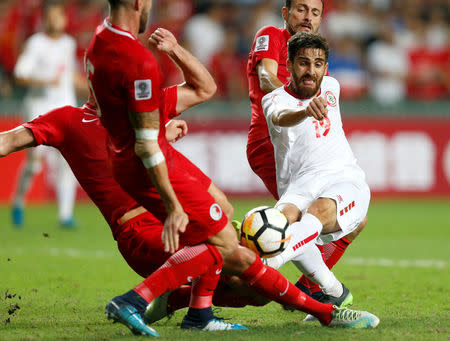 Football Soccer - AFC Asian Cup Qualifiers - Hong Kong v Lebanon - Hong Kong, China – November 14, 2017 - Lebanon's Ali Hamam kicks the ball. REUTERS/Bobby Yip