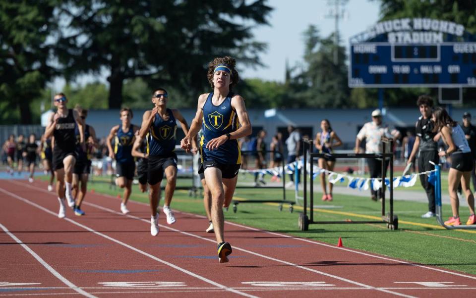 Turlock’s Theodore Santos wins the boy 1600 meter race with a time of 4:42.08 during the Central California Athletic League Championships at Downey High School in Modesto, Calif., Wednesday, May 1, 2024.