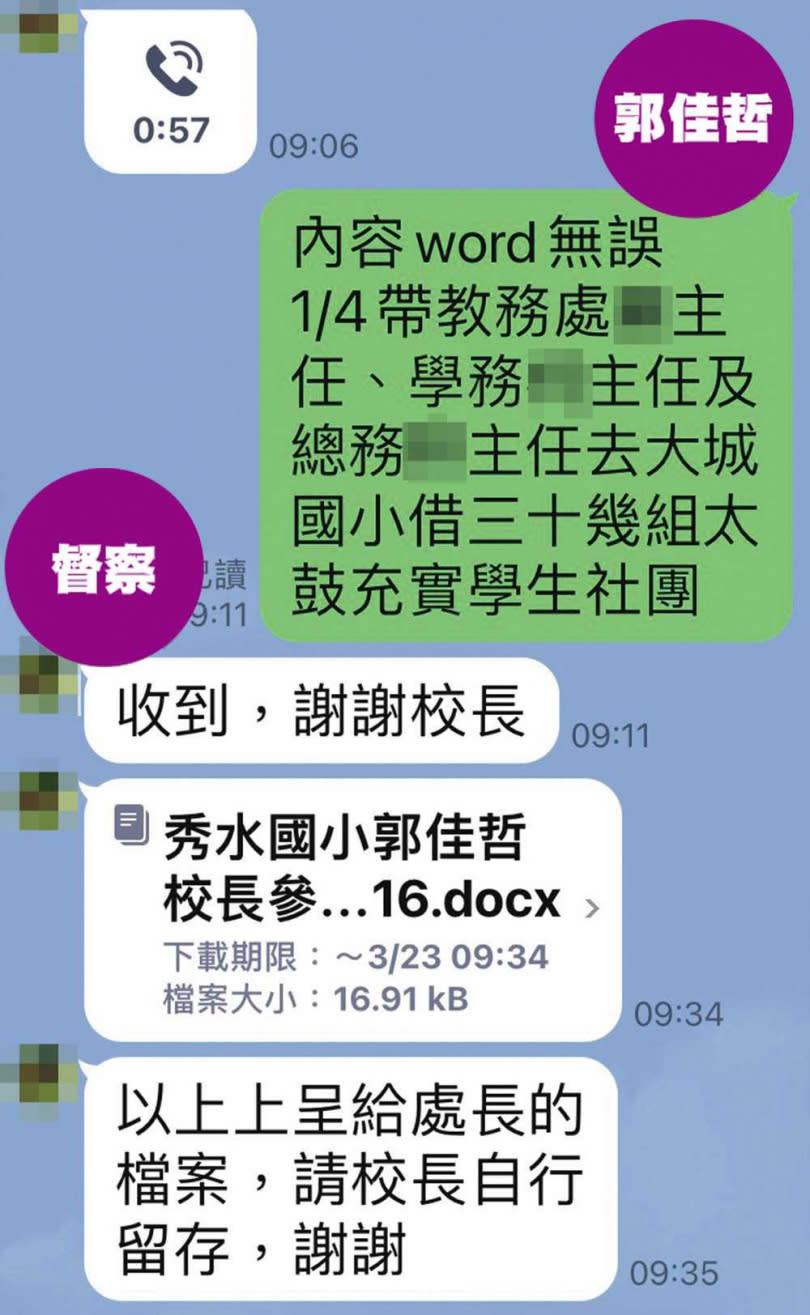 從本刊取得郭佳哲與督察的對話紀錄中，郭佳哲承認為「充實學生社團」，在參加國教輔導團期間，帶著3名主任到大城國小借太鼓。（圖／讀者提供）