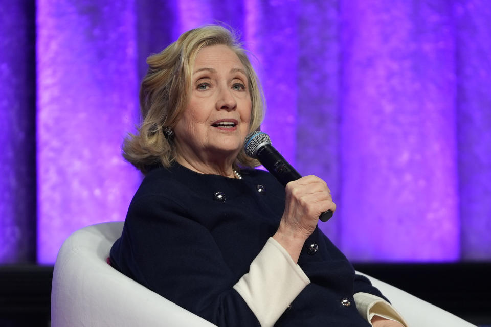 Former Secretary of State Hillary Rodham Clinton speaks with Catalyst CEO Lorraine Hariton at the Catalyst Awards Conference in the Midtown Hilton Hotel, Tuesday, March 12, 2024, in New York. (AP Photo/Peter K. Afriyie)