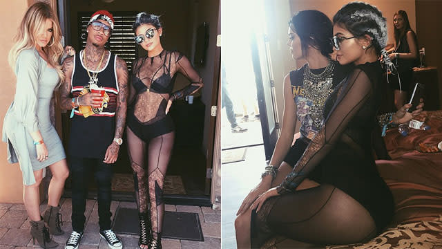 Is this what the 17 year olds are wearing these days? Kylie Jenner managed to one-up herself and even her sister's skin-baring styles when she celebrated the second weekend of the Coachella Valley Music and Arts Festival in Indio, Calif. by wearing a strange see-through, black bikini number. <strong> VIDEO: Kylie Jenner Says She Wants Kids in 10 Years </strong> With her curves on FULL display, Kylie added to the outfit by wearing gray braid extensions and huge sunglasses. She chose this outfit for her sister Khloe Kardashian's pool party that she called "Chella." <strong> PHOTOS: See the Star Styles at Coachella! </strong> In another pic, Kylie is posing with her older sis and her rumored 25-year-old boyfriend, rapper Tyga. But that wasn't the only scantily-clad style the <em>Keeping Up with the Kardashians </em>star chose to share on Instagram during her desert weekend. She also posted front and rear pics of her wearing a skimpy black bikini. In her next Instagram, Kylie debuted a boots-and-pantsless combo that she paired with pink hair. Upon her return to Calabasas, the teenage reality star couldn't help but post another bikini pic. "Chill pool day at the Disick mansion," she wrote while at her sister Kourtney's 36th birthday bash. <strong>What do you think of Kylie's style statements? Are they age appropriate?</strong>