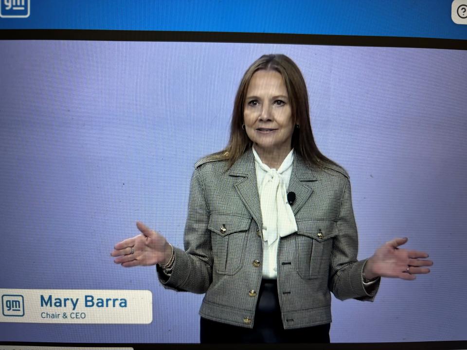 General Motors CEO Mary Barra via a virtual presentation. Barra speaks to investors at Spring Hill, Tennessee during GM's annual investor day on Oct. 8, 2024.