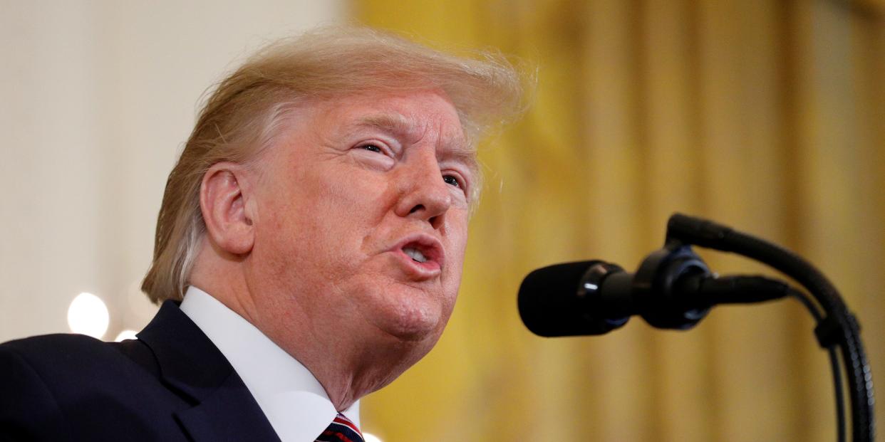 FILE PHOTO: U.S. President Donald Trump speaks during a Hanukkah reception in the East Room of the White House in Washington, U.S., December 11, 2019.  REUTERS/Tom Brenner/File Photo