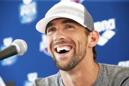 Apr 25, 2014; Mesa, AZ, USA; Michael Phelps at a press conference after swimming the 50m freestyle prelims during the Arena Grand Prix at Skyline Aquatic Center. Mandatory Credit: Rob Schumacher-USA TODAY Sports