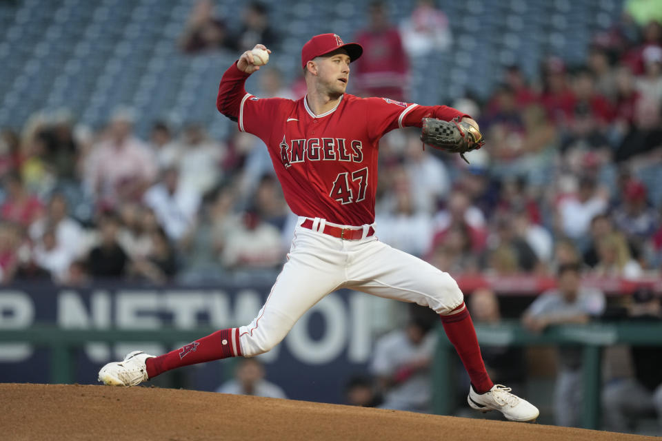 Los Angeles Angels starting pitcher Griffin Canning (47) throws during the first inning of a baseball game against the Cleveland Guardians in Anaheim, Calif., Friday, Sept. 8, 2023. (AP Photo/Ashley Landis)