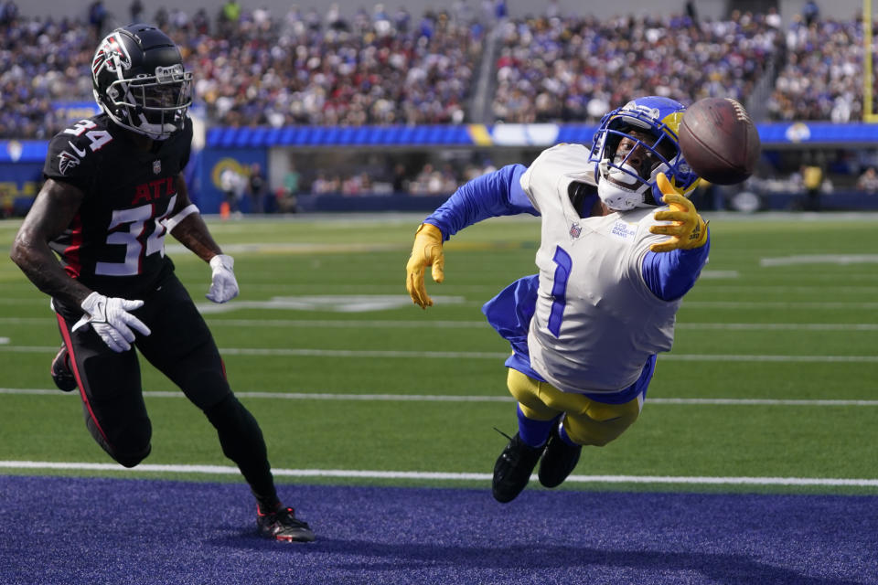 Los Angeles Rams wide receiver Allen Robinson II, right, can't make the catch in the end zone as Atlanta Falcons cornerback Darren Hall defends during the second half of an NFL football game Sunday, Sept. 18, 2022, in Inglewood, Calif. (AP Photo/Mark J. Terrill)