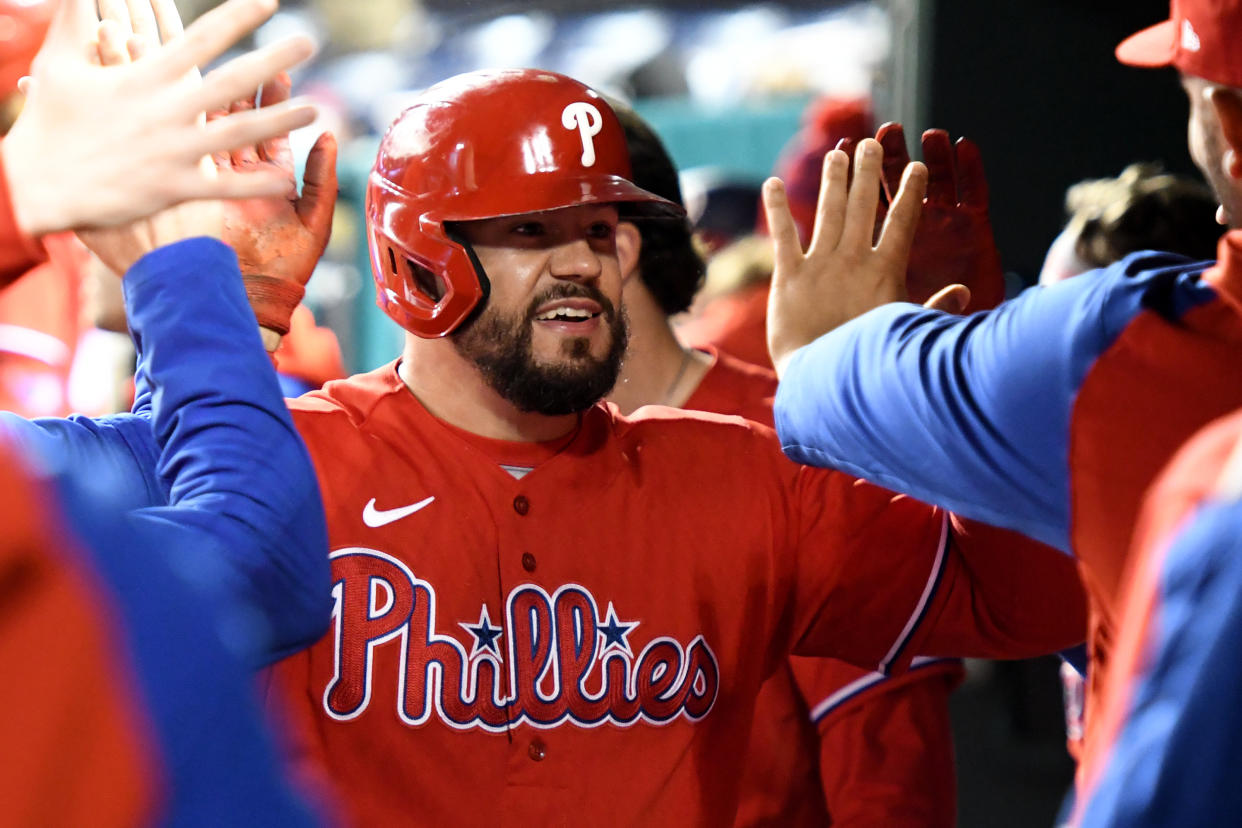 WASHINGTON, DC - OCTOBER 01:  Kyle Schwarber #12 of the Philadelphia Phillies celebrates hitting a lead off home run in the first inning during game two of a doubleheader baseball game against the Washington Nationals at Nationals Park on October 1, 2022 in Washington, DC.  (Photo by Mitchell Layton/Getty Images)
