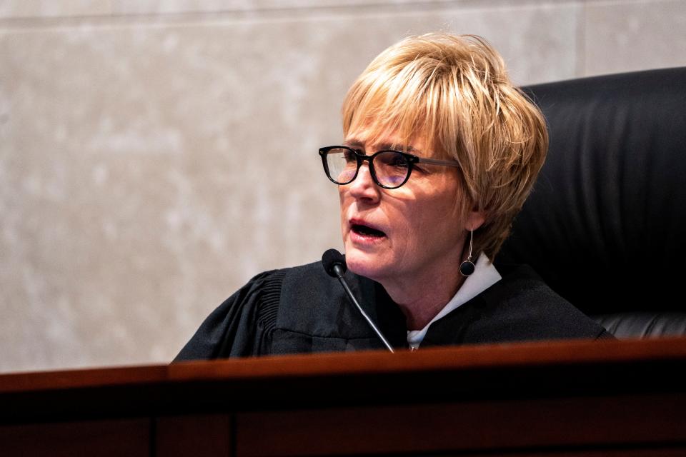 Iowa Supreme Court Justice Susan Christensen speaks during oral arguments for the lawsuit challenging Iowa's 2023 law banning most abortions at 6 weeks at the Iowa Supreme Court on Thursday, April 11, 2024, in Des Moines.