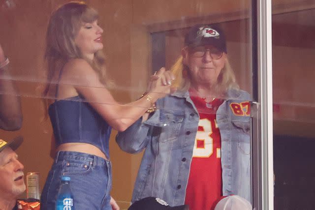 <p>Christian Petersen/Getty</p> Taylor Swift reacts with Donna Kelce as the Kansas City Chiefs take on the Baltimore Ravens at the Arrowhead Stadium in Kansas City, Missouri on September 05, 2024