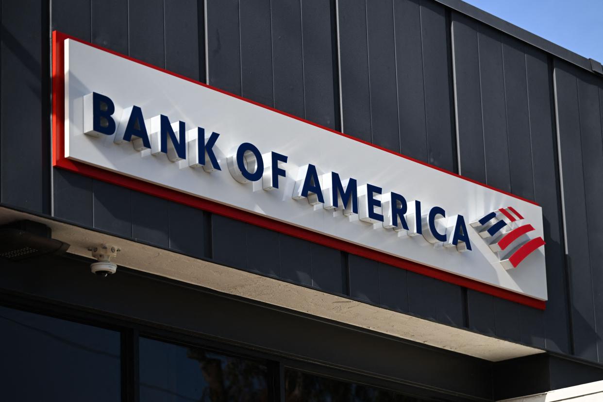 Signage is displayed outside of a Bank of America branch in Rolling Hills Estates, California, on March 13, 2023.