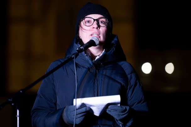 PHOTO: Yuliya Kovaliv, ambassador of Ukraine to Canada, speaks during a vigil marking one year since the Russian invasion of Ukraine on Parliament Hill in Ottawa, Ontario, Friday, Feb. 24, 2023. (Spencer Colby/AP)