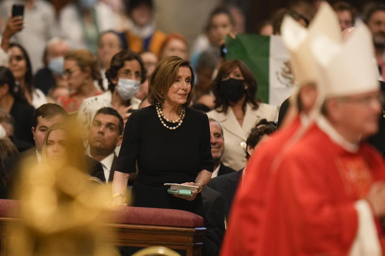 Speaker of the House Nancy Pelosi, D-Calif., looks at Pope Francis as he celebrates a Mass on the Solemnity of Saints Peter and Paul, in St. Peter's Basilica at the Vatican, Wednesday, June 29, 2022.