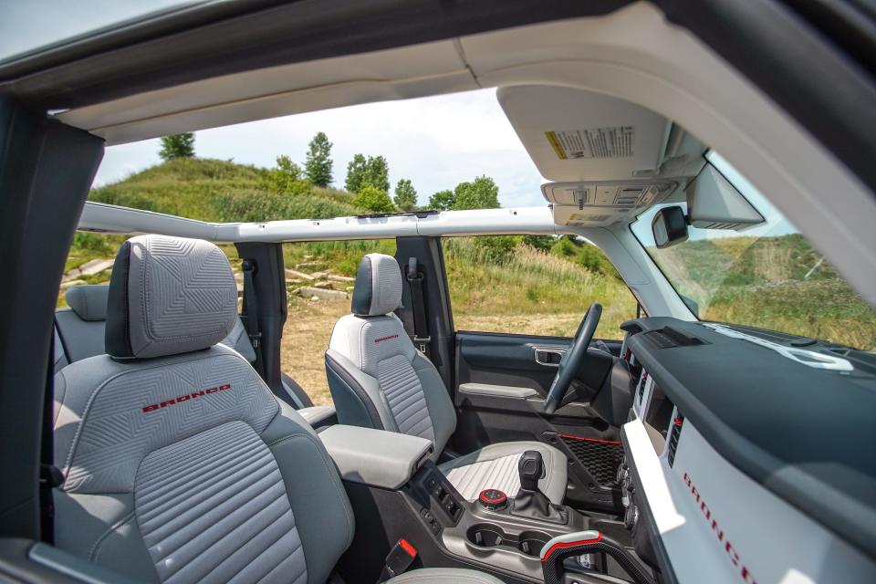 A view of a Ford Bronco 4-door with the roof removed is seen in Holly on July 10, 2020.