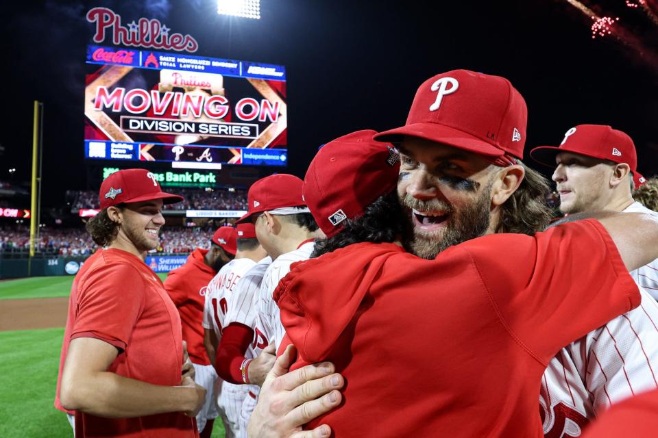 Oct 4, 2023; Philadelphia, Pennsylvania, USA; Philadelphia Phillies Bryce Harper (3) celebrates after defeating the Miami Marlins in game two of the Wildcard series for the 2023 MLB playoffs at Citizens Bank Park. Mandatory Credit: Bill Streicher-USA TODAY Sports