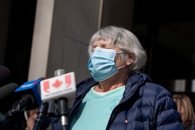 Toronto van attack victim Cathy Riddell speaks with the media outside the Superior Court of Justice on March 3, 2021. She says she has no memory of the incident itself.