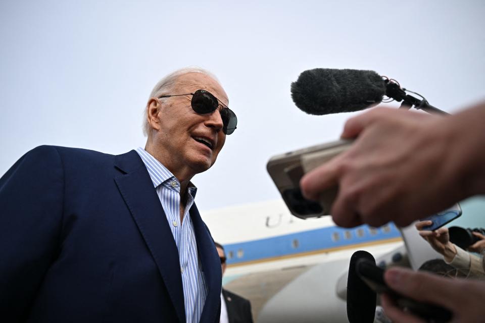 TOPSHOT - US President Joe Biden speaks to the press before boarding Air Force One at Joint Base Andrews in Maryland, on March 8, 2024. Biden is traveling to Philadelphia, Pennsylvania, and Wilmington, Delaware.