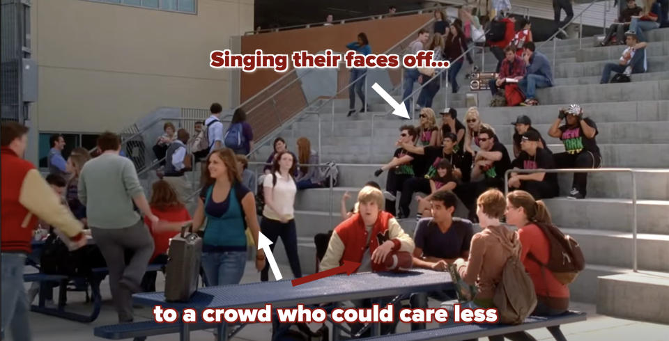 "Glee" cast performing at the outdoor lunch area at school