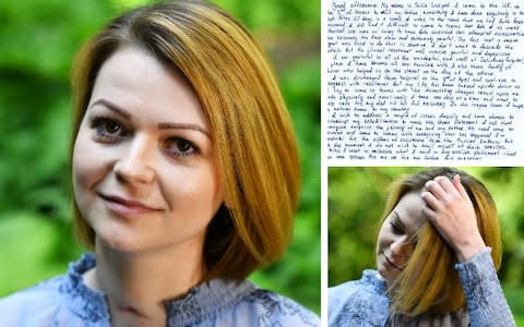 Yulia Skripal (pictured) in her first public appearance since her poisoning and the English hand-written letter (top right) she wrote after delivering a statement in Russian - Credit: Dylan Martinez/Reuters