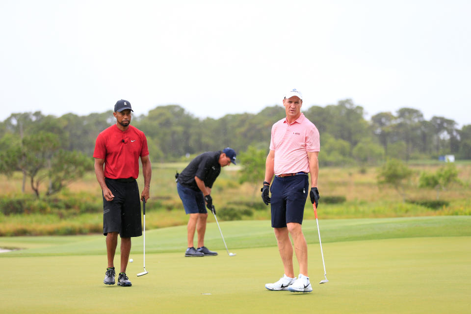 Three unidentified hackers out for a little golf on Sunday. (Photo by Cliff Hawkins/Getty Images for The Match)