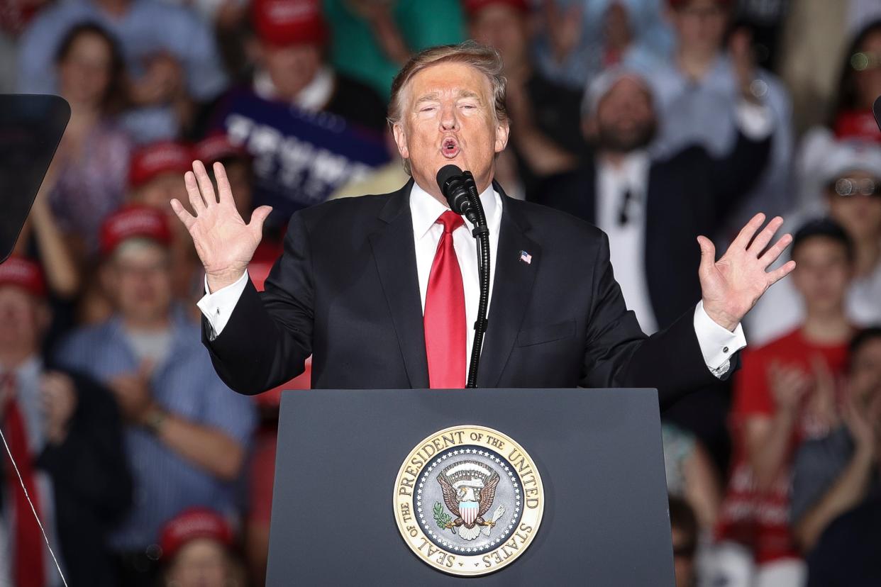 Then-President Donald Trump speaks during a ‘Make America Great Again’ campaign rally at Williamsport Regional Airport, 20 May , 2019 in Montoursville, Pennsylvania. The FEC is facing a lawsuit over its decision not to pursue an investigation into alleged campaign finance violations by the Trump campaign. (Getty Images)