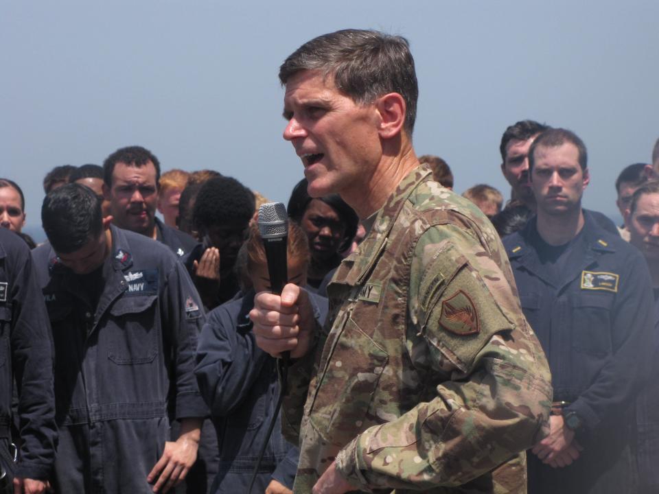 Then Gen. Joseph Votel, commander of U.S. Central Command, addressing sailors aboard the <em>San Antonio</em>-class amphibious transport dock ship <em>USS New Orleans</em> transiting the Strait of Hormuz in 2016. (Howard Altman photo)