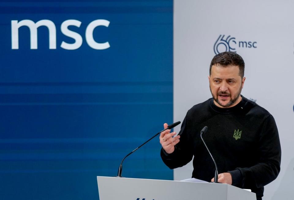 Ukrainian president Volodymyr Zelenskyy delivers a speech at the Munich Security Conference at the Bayerischer Hof Hotel in Munich, Germany (Copyright 2024 The Associated Press. All rights reserved)