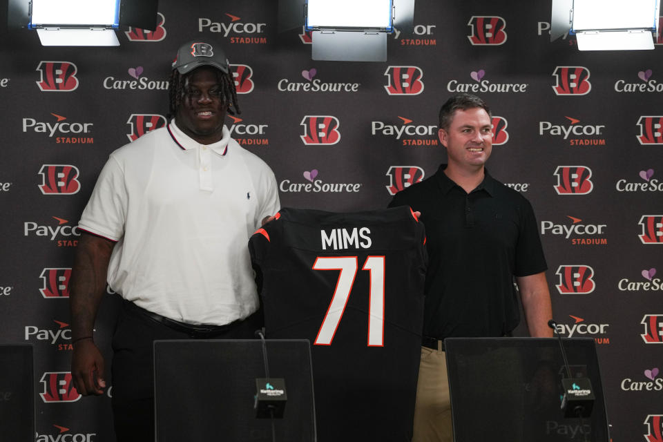 Amarius Mims joins the Bengals, speaking at a press conference at Paycor Stadium on Friday April 26, 2024.
