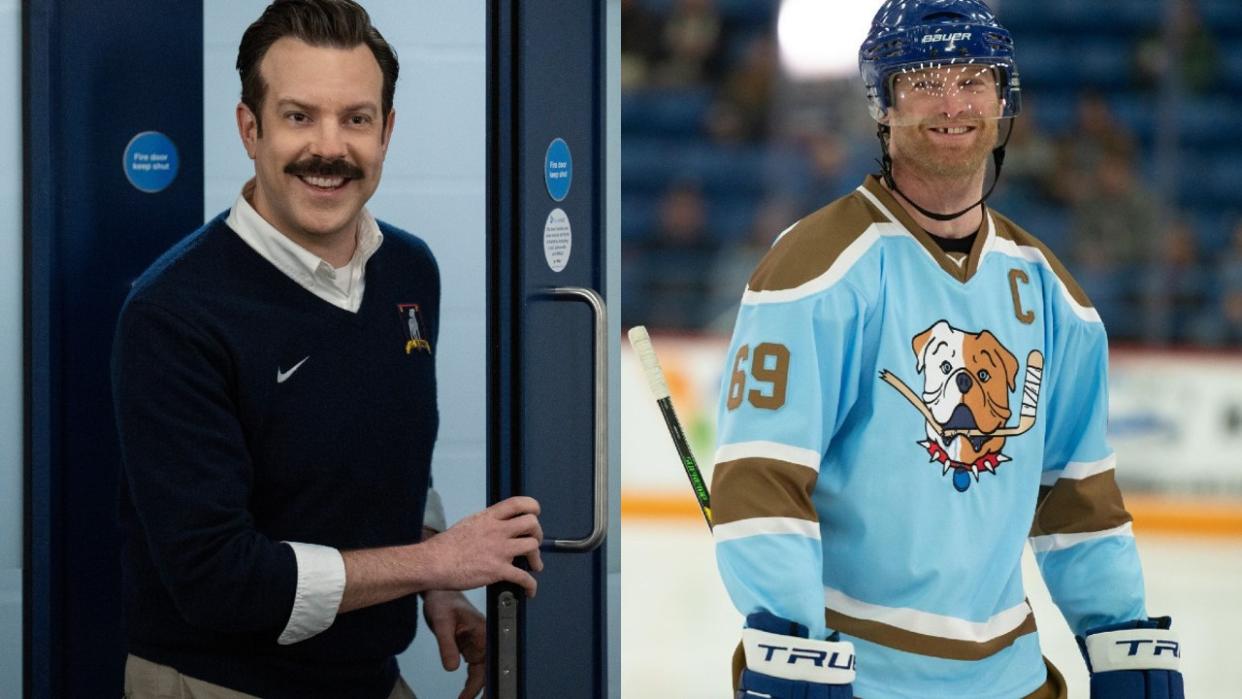  Ted Lasso smiling and Shoresy smiling while wearing a helmet and holding a hockey stick. 