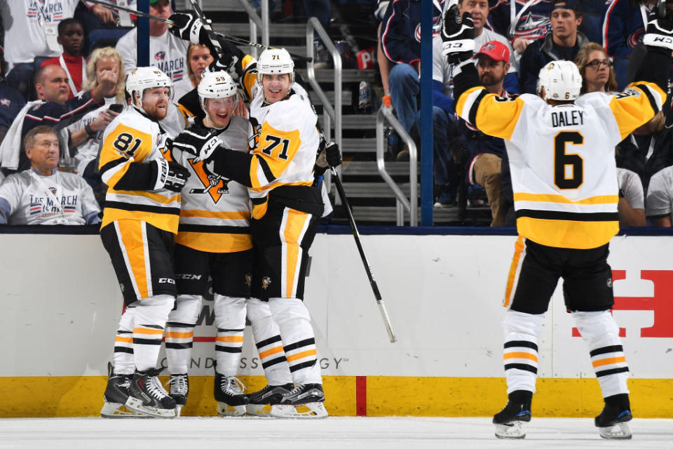 COLUMBUS, OH – APRIL 16: Jake Guentzel #59 of the Pittsburgh Penguins celebrates his third period goal with Phil Kessel #81, Evgeni Malkin #71 and Trevor Daley #6 of the Pittsburgh Penguins in Game Three of the Eastern Conference First Round against the Columbus Blue Jackets during the 2017 NHL Stanley Cup Playoffs on April 16, 2017 at Nationwide Arena in Columbus, Ohio. (Photo by Jamie Sabau/NHLI via Getty Images)