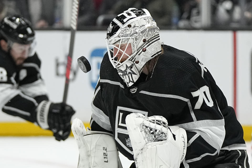 Los Angeles Kings goaltender Joonas Korpisalo stops a shot during the third period in Game 3 of an NHL hockey Stanley Cup first-round playoff series against the Edmonton Oilers Friday, April 21, 2023, in Los Angeles. (AP Photo/Mark J. Terrill)