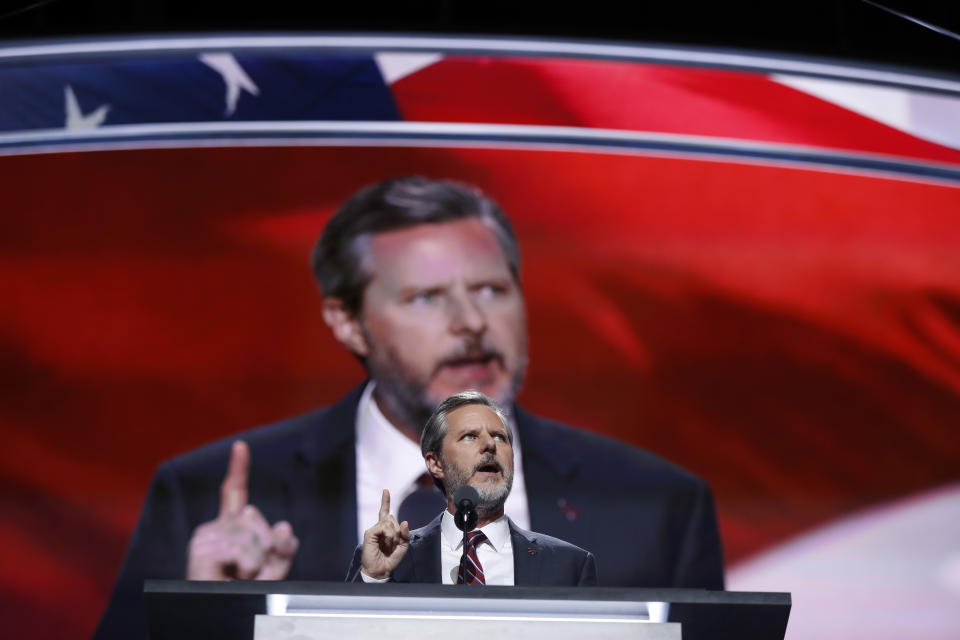 FILE - In this Thursday, July 21, 2016 file photo, Jerry Falwell Jr., president of Liberty University, speaks during the final day of the Republican National Convention in Cleveland. On Tuesday, Aug. 25, 2020, Falwell said that he has submitted his resignation as head of evangelical Liberty University. (AP Photo/Carolyn Kaster)