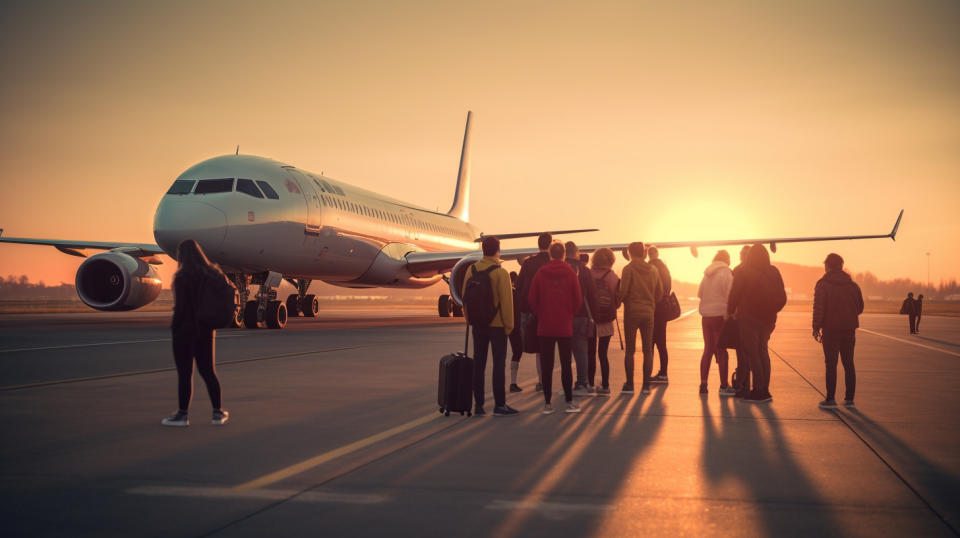 A line of travellers queuing for a commercial flight, emphasizing the airport management operations.