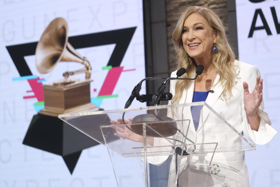 FILE - In this Wednesday, Nov. 20, 2019, file photo, Recording Academy President/CEO Deborah Dugan participates in the 62nd Grammy Awards nominations news conference at Studio 43 at CBS Broadcast Center in New York. In a move announced late Thursday, Jan. 16, 2020, the Recording Academy has placed Dugan on administrative leave following an allegation of unspecified misconduct by a senior leader. (Photo by Charles Sykes/Invision/AP, File)