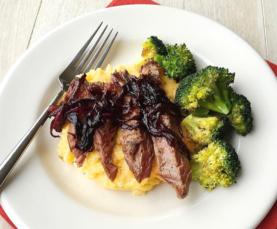 Skirt Steak with Balsamic-Glazed Red Onions and Creamy Polenta