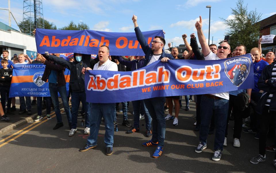 Fans protest outside the stadium against Oldham Athletic owner Abdallah Lemsagem prior to the Sky Bet League Two match between Oldham Athletic and Hartlepool United - James Gill/Getty Images