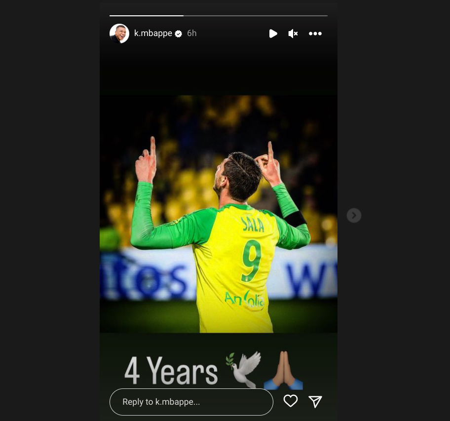 La story Instagram de Kylian Mbappé en hommage à Emiliano Sala, décédé le 21 janvier 2019 dans un accident d’avion entre Nantes et Cardiff.