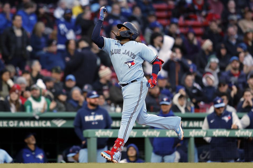 Toronto Blue Jays' Vladimir Guerrero Jr. celebrates after his solo home run during the fourth inning of a baseball game against the Boston Red Sox, Thursday, May 4, 2023, in Boston. (AP Photo/Michael Dwyer)