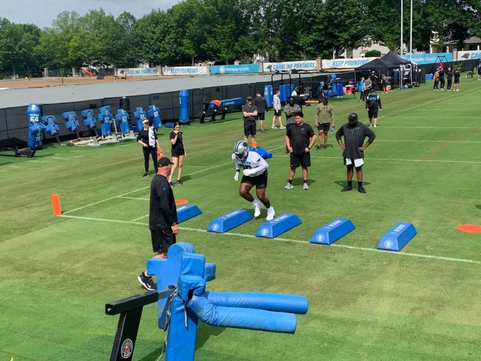 Carolina Panthers rookie defensive lineman <a class="link " href="https://sports.yahoo.com/ncaaf/players/291671/" data-i13n="sec:content-canvas;subsec:anchor_text;elm:context_link" data-ylk="slk:Jaden Crumedy;sec:content-canvas;subsec:anchor_text;elm:context_link;itc:0">Jaden Crumedy</a> takes part in drills at the team’s 2024 rookie minicamp in Charlotte, N.C. on May 10, 2024. Mike Kaye, Charlotte Observer