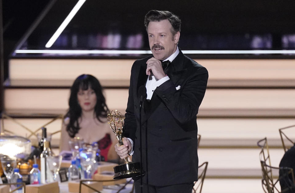 Jason Sudeikis accepts the Emmy for outstanding lead actor in a comedy series for "Ted Lasso" at the 74th Primetime Emmy Awards on Monday, Sept. 12, 2022, at the Microsoft Theater in Los Angeles. (AP Photo/Mark Terrill)