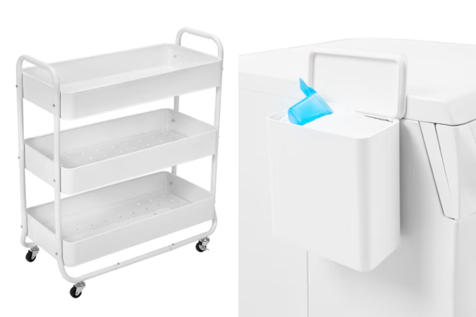 Kmart 3 Tier Trolley on a white background, Kmart's laundry caddy on a washing machine on a white background