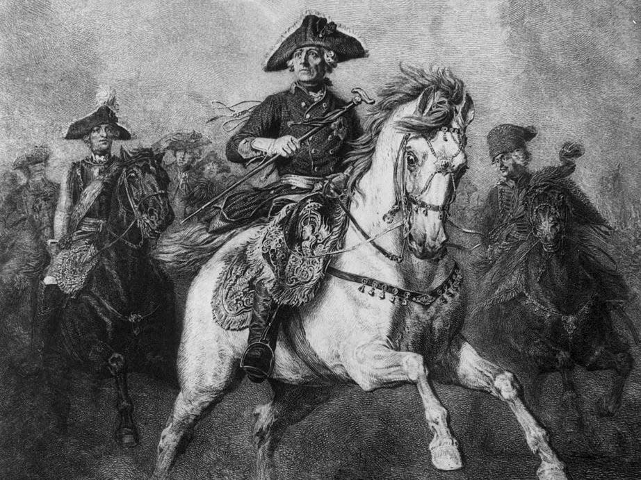 King of Prussia Frederick II (1712 - 1786), known as Frederick The Great, on horseback