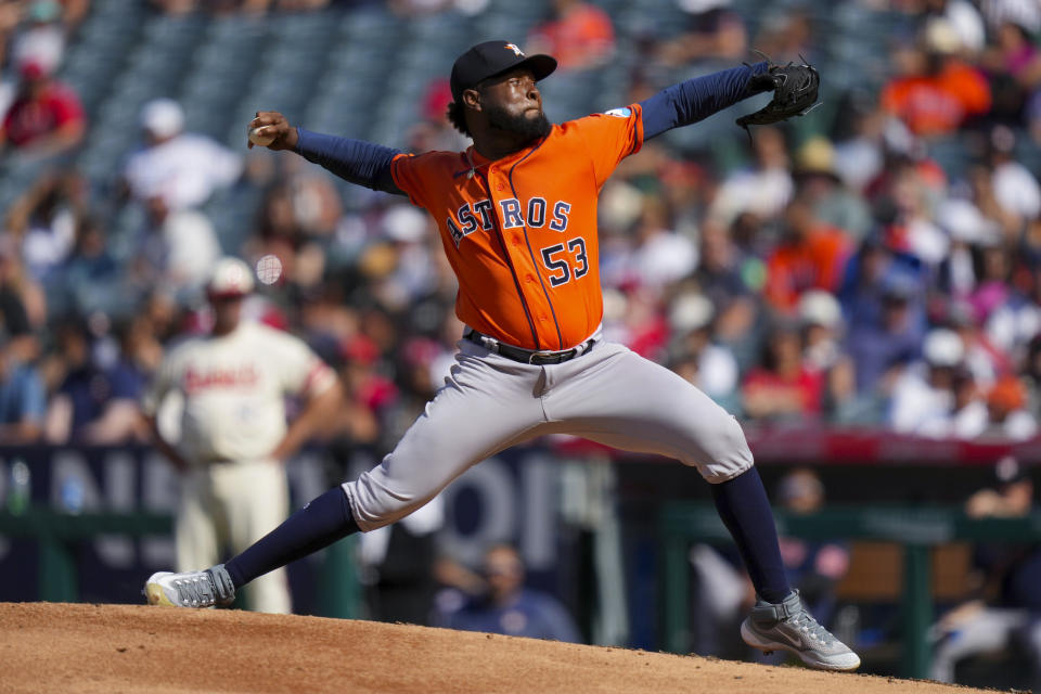 Houston Astros starting pitcher Cristian Javier throws a baseball during the first inning of a baseball game against the Los Angeles Angels in Anaheim, Calif., Sunday, July 16, 2023. (AP Photo/Eric Thayer)