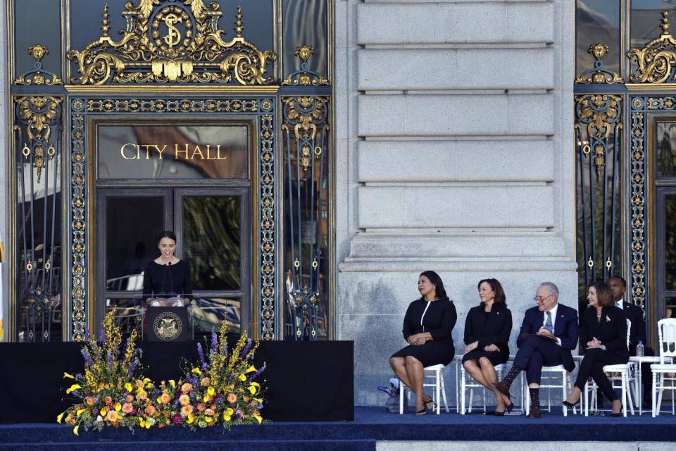 Eileen Mariano, granddaughter of late Sen. Dianne Feinstein, speaks during the memorial service