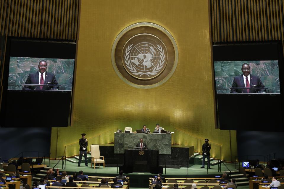 Malawi's President Arthur Peter Mutharika addresses the 74th session of the United Nations General Assembly, Thursday, Sept. 26, 2019, at the United Nations headquarters. (AP Photo/Frank Franklin II)